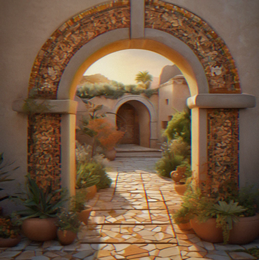 Stone archway framing a residential courtyard with puzzle fragments showing daily-life patterns and household arrangements