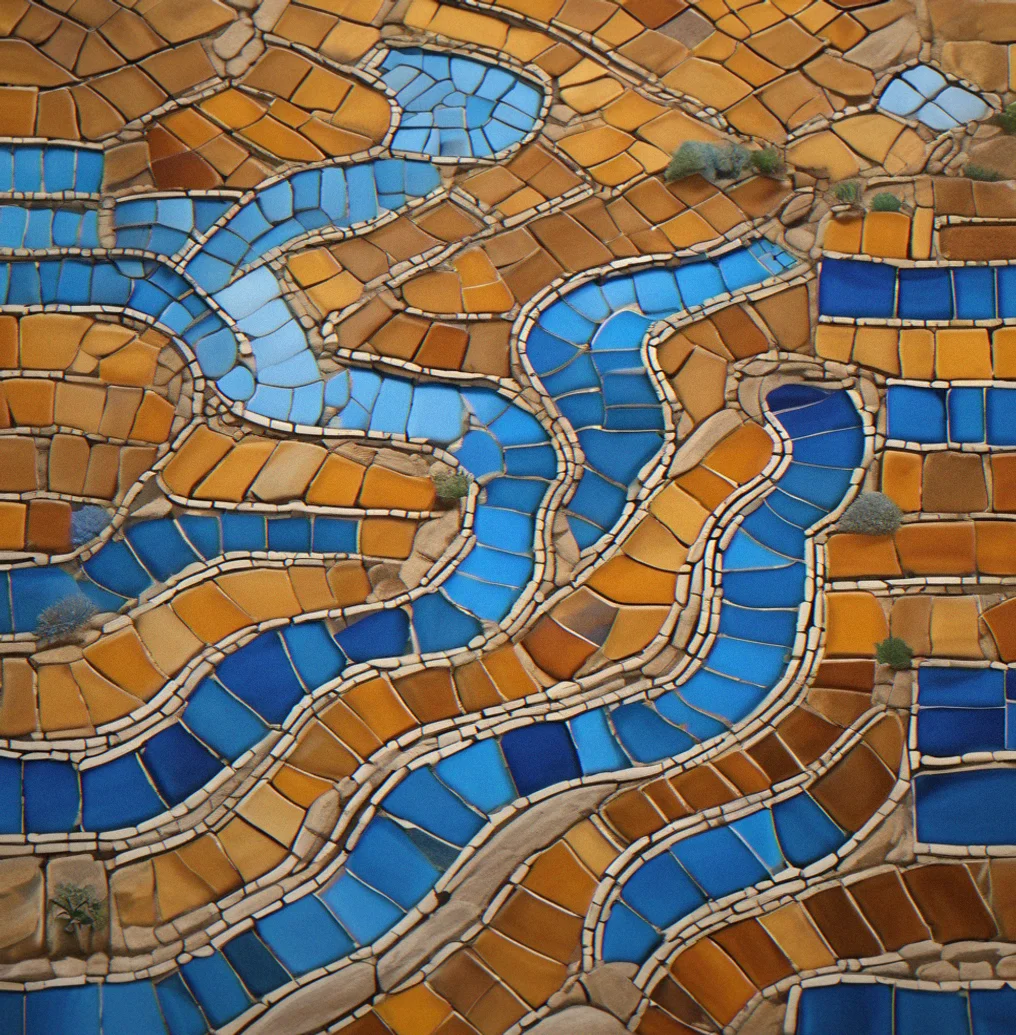 Overhead view of terraced water channels with blue and ochre tile fragments arranged in agricultural grid patterns