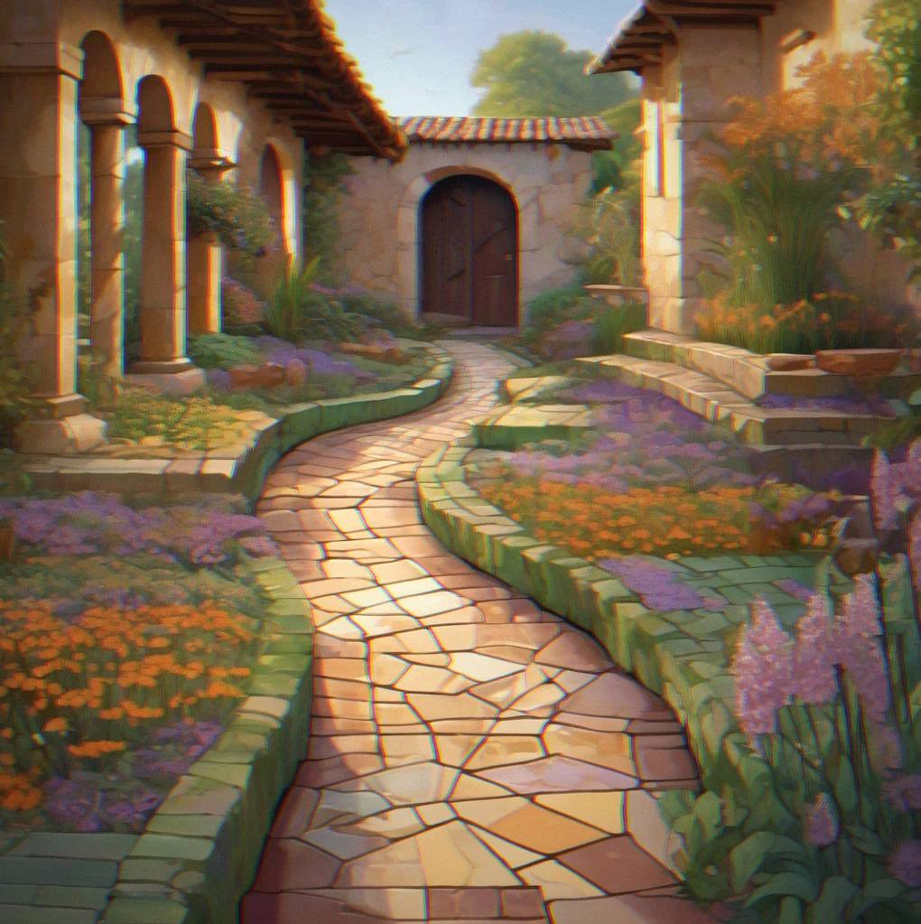Garden pathway lined with flowering tile arrangements in soft greens and purples, fragments still awaiting completion