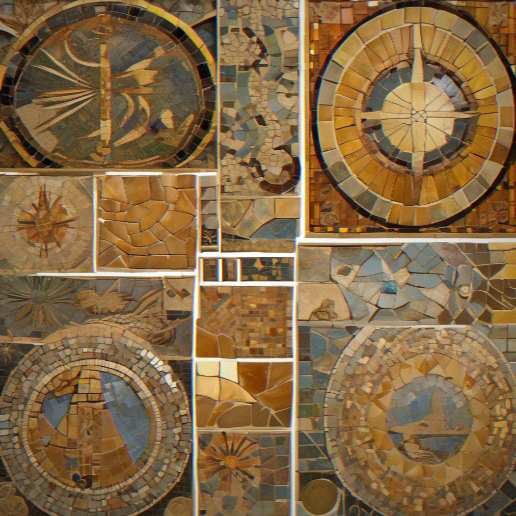Circular tile arrangement showing celestial symbols and mathematical progressions reflecting moonlight