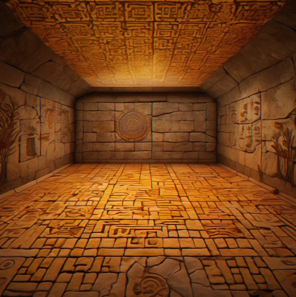 Underground vault chamber with stacked tile frragments containing repeated symbols and consolidated patterns from all regions