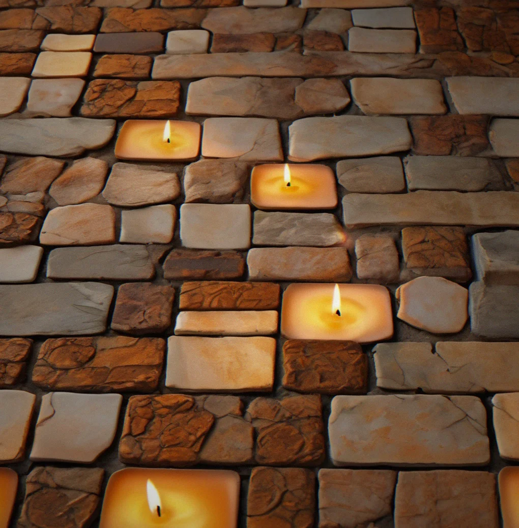 Macro photograph of individual tile surface showing weathered texture and subtle color gradation in candlelit setting