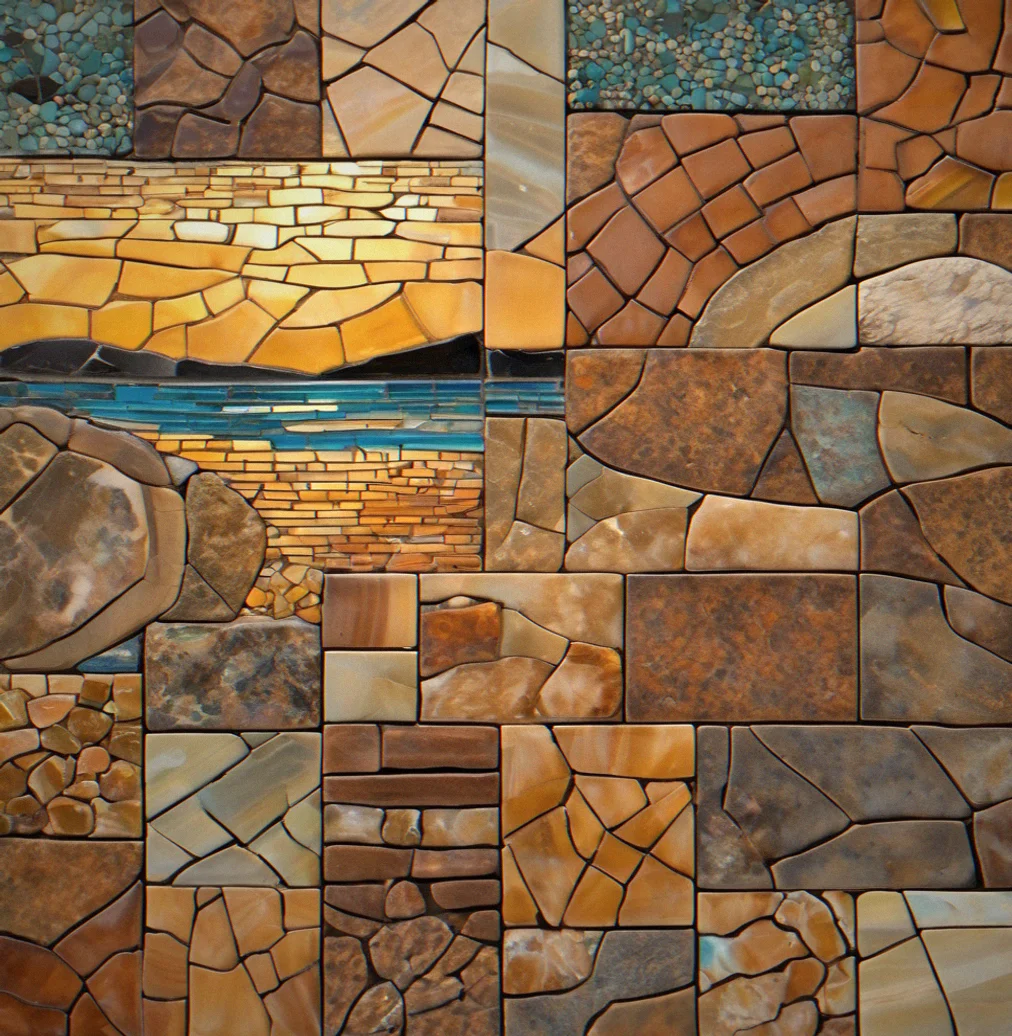 Close-up of individual tiles with varied textures and deliberate color shifts