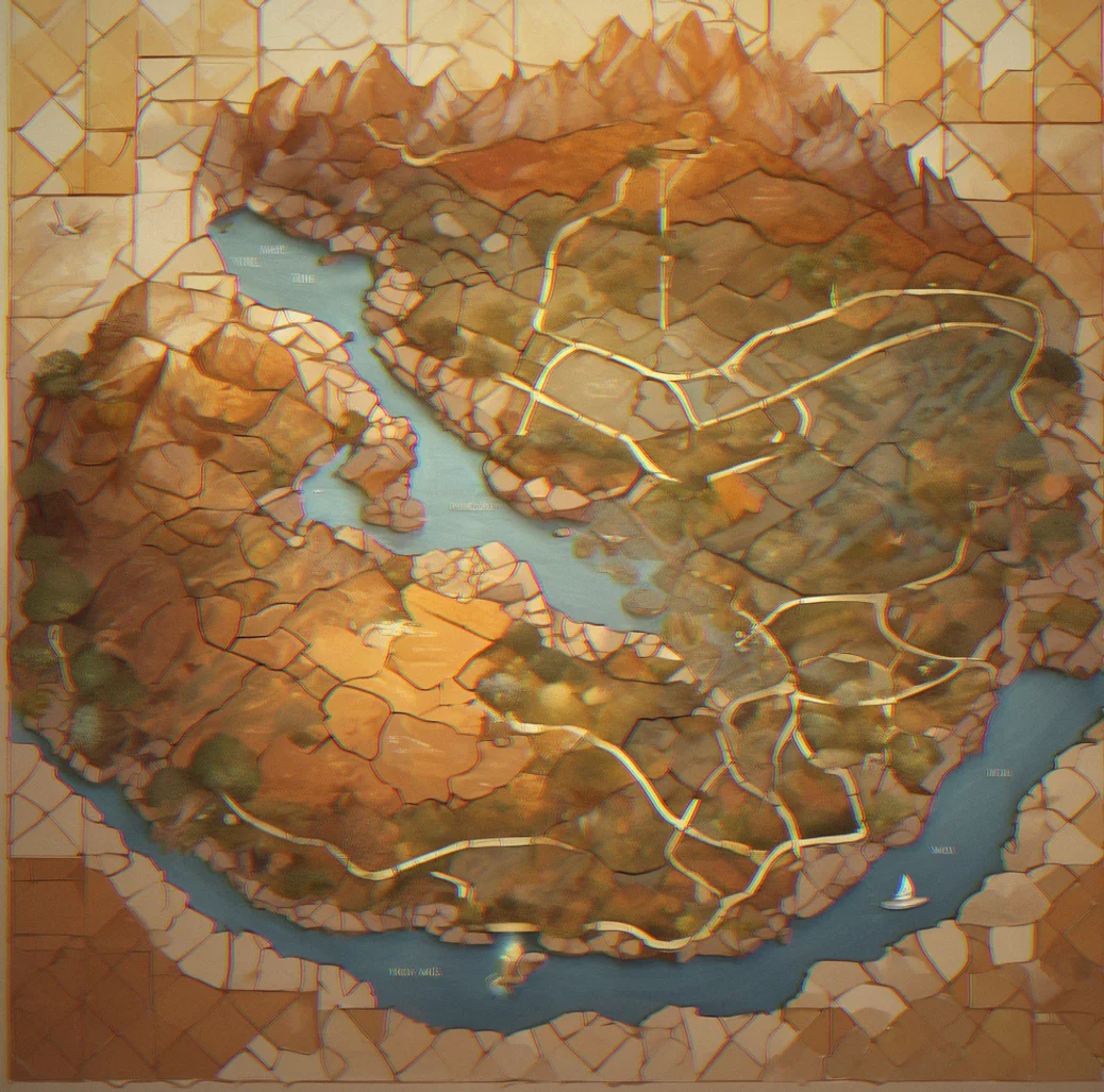 Top-down map showing five connected regions with multiple ways in and out