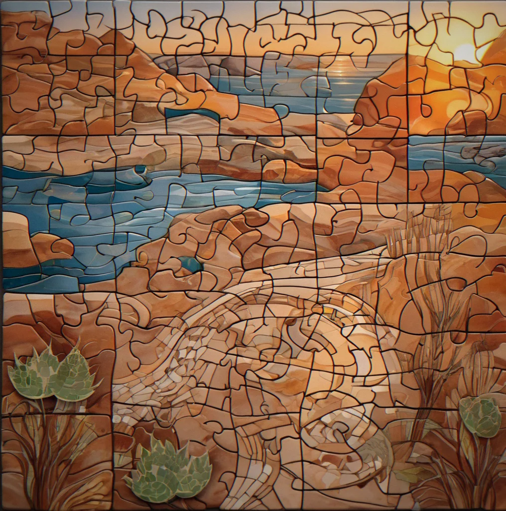 Three completed puzzle pieces showing connected symbols that form a larger cultural pattern