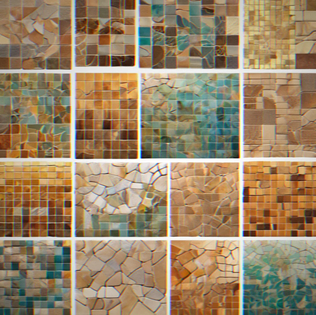 Grid of nine unique puzzle layouts showing varied tile arrangements and distinct color palettes