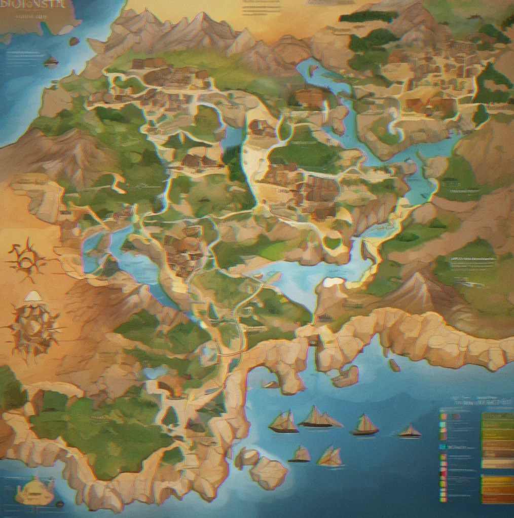 Map showing all five regions with distinct terrain types and architectural styles color-coded by location