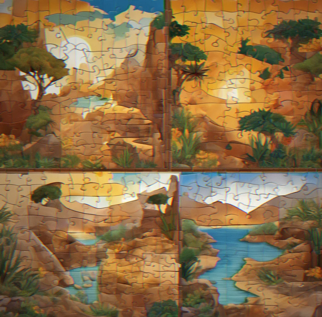 Three completed puzzle sections from different regions arranged showing interconnected thematic patterns and story threads