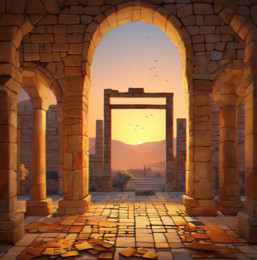 Eastern Ruins region at dusk with weathered stone structures and a completed mosaic puzzle glowing softly in the foreground, framed by archways