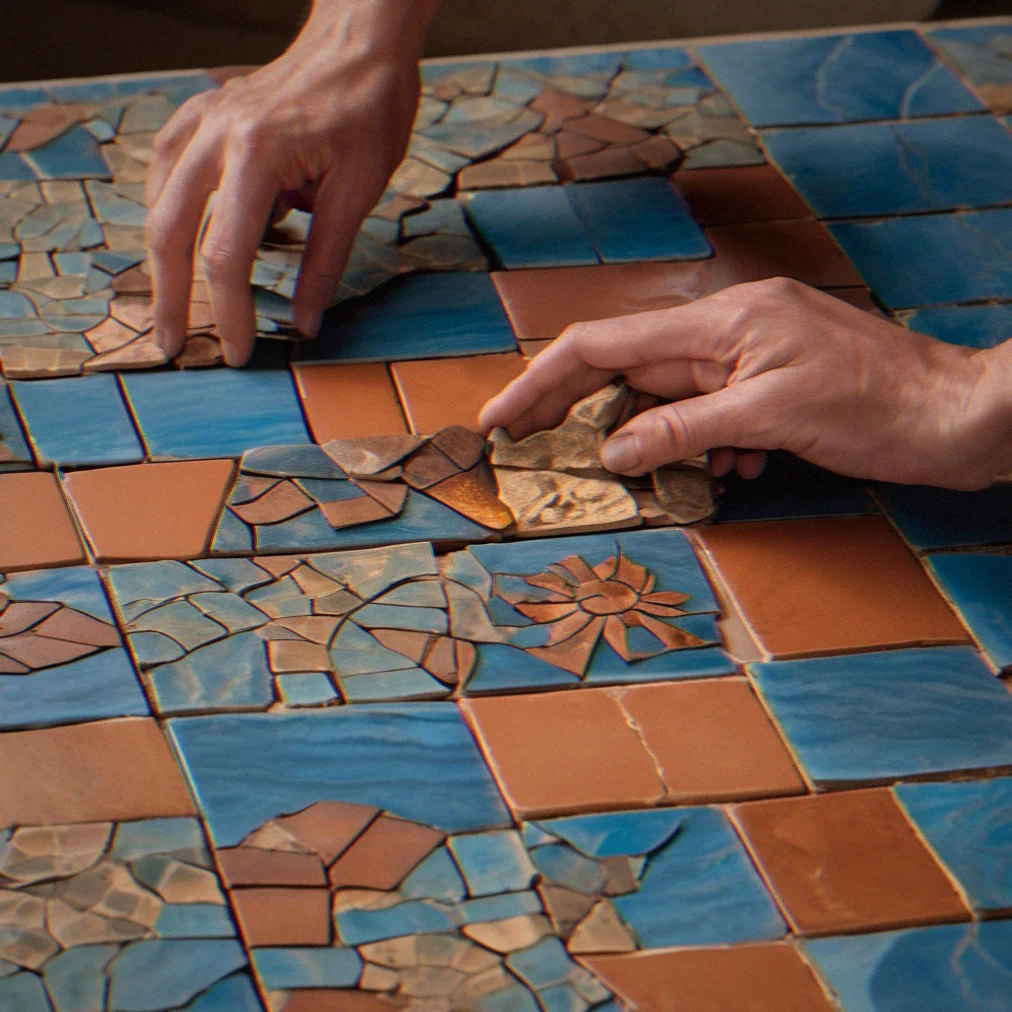 Close-up of hands arranging blue and terracotta tile fragments on a puzzle board, three tiles remaining unplaced