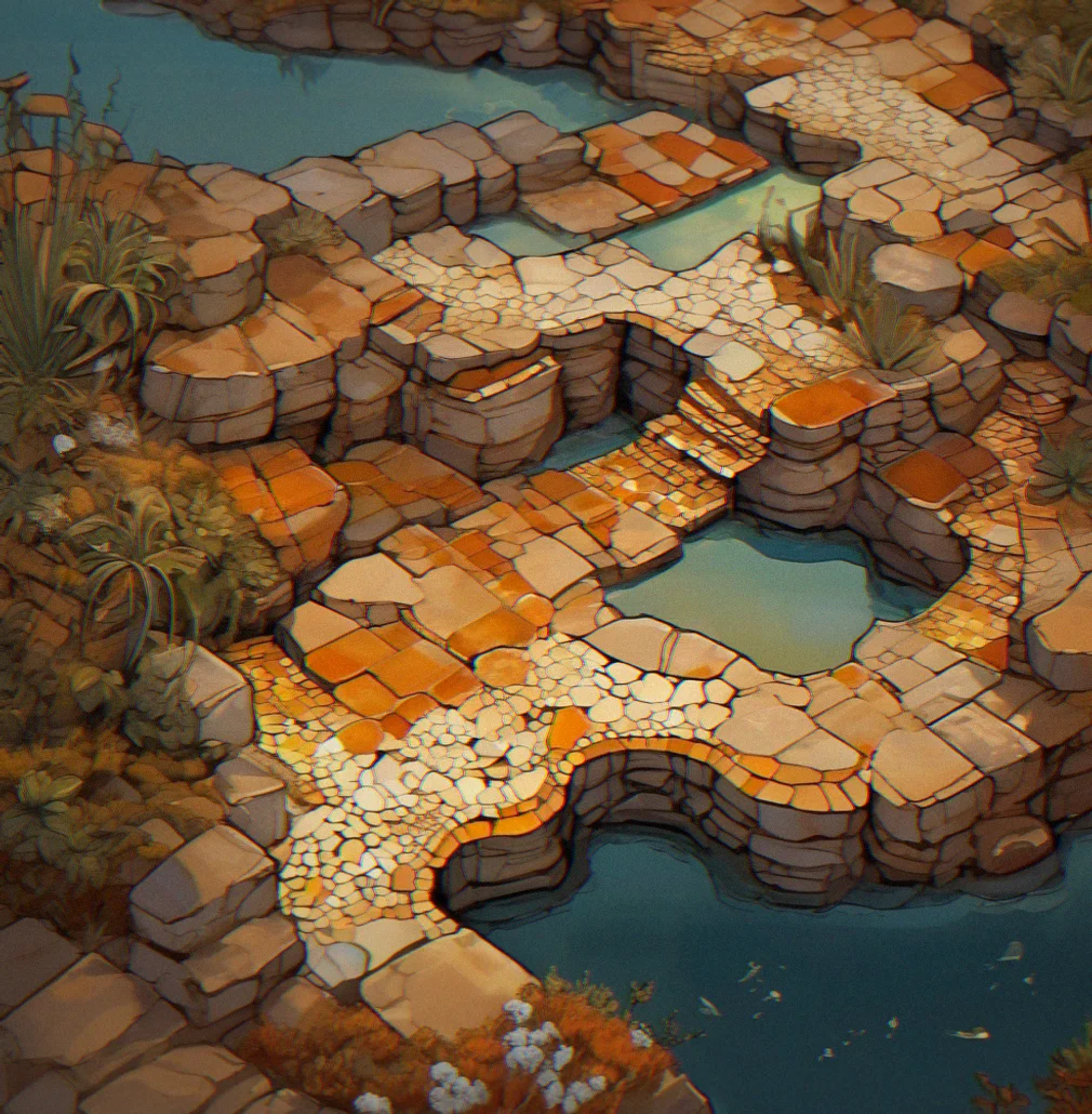 Tidal Terraces viewed from above, showing stepped water channels and scattered puzzle fragments reflecting moonlight across layered stone platforms