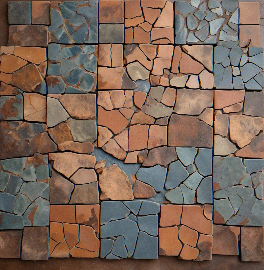 Hand-made tile puzzle with worn pieces in warm clay tones and slate blue, laid out partially complete on the board