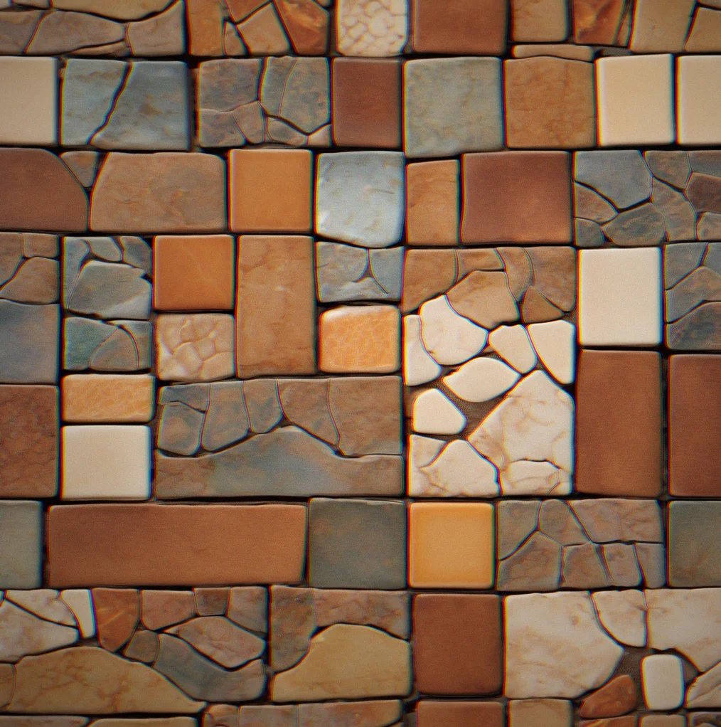 Close-up of a completed tile puzzle showing interlocking ceramic-textured fragments in earth tones