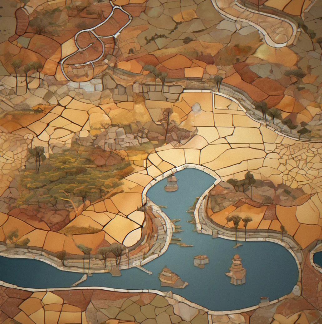 Map view of interconnected regions with winding pathways between different archaeological zones