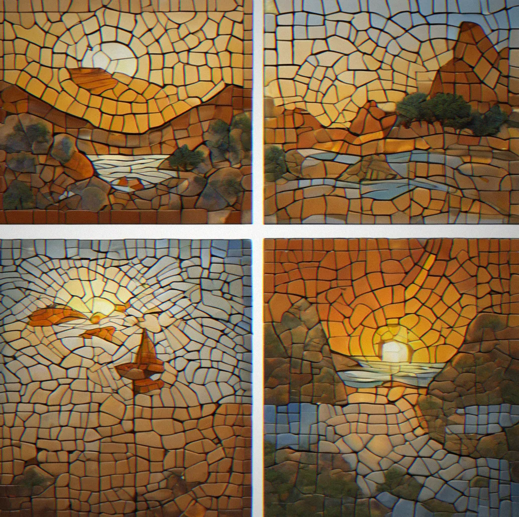 Sequence of three partially-solved tile puzzles showing fragments gradually assembling into a recognizable pattern