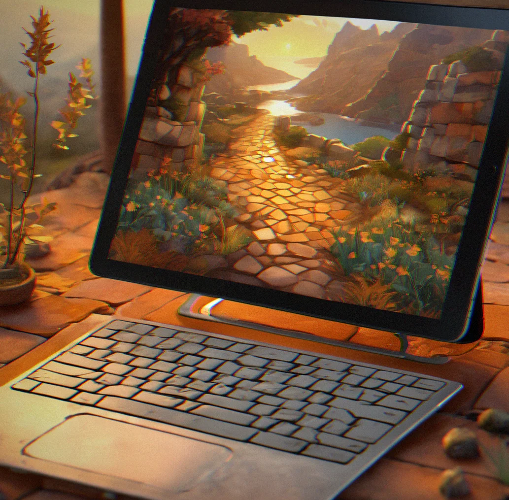 Laptop and tablet displaying the same game state, representing cross-device save persistence