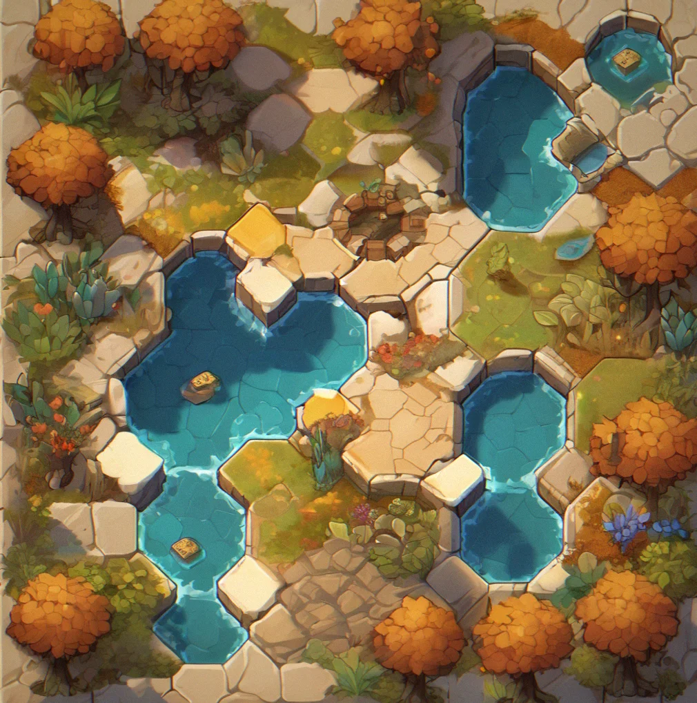 Top-down view of a game region showing five connected puzzle zones with tile pieces scattered across the terrain