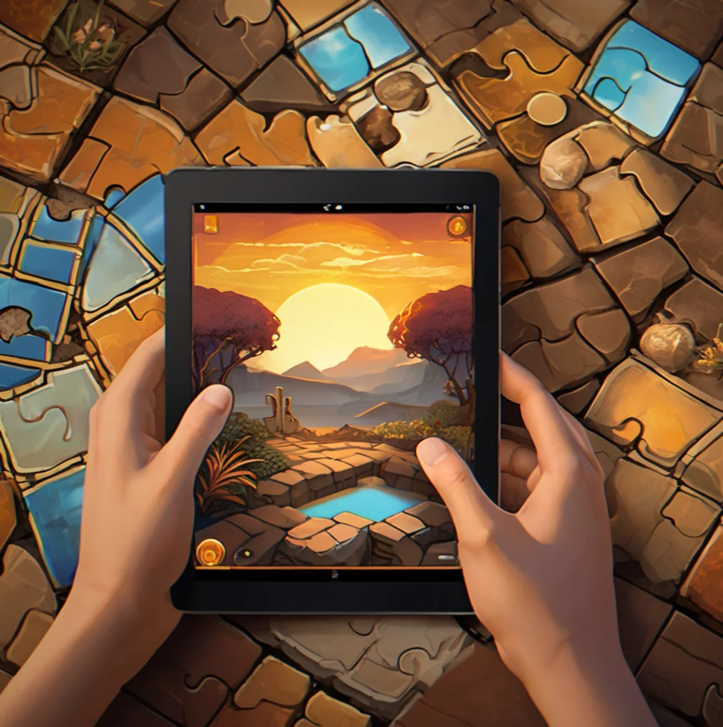 Player hands holding tablet displaying a nearly-complete puzzle with three remaining tile fragments waiting placement