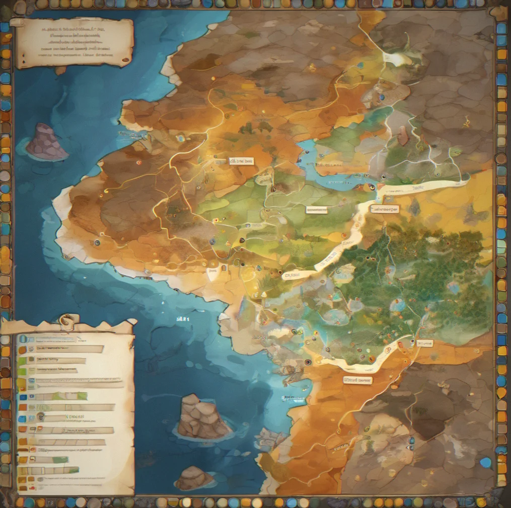 Map view showing progression across all five regions with color-coded completion status for each area
